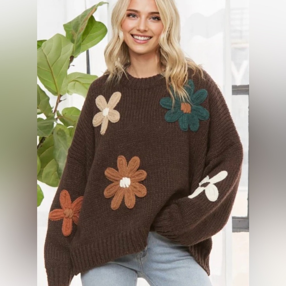ADORA Brown Sweater with Floral Accents
